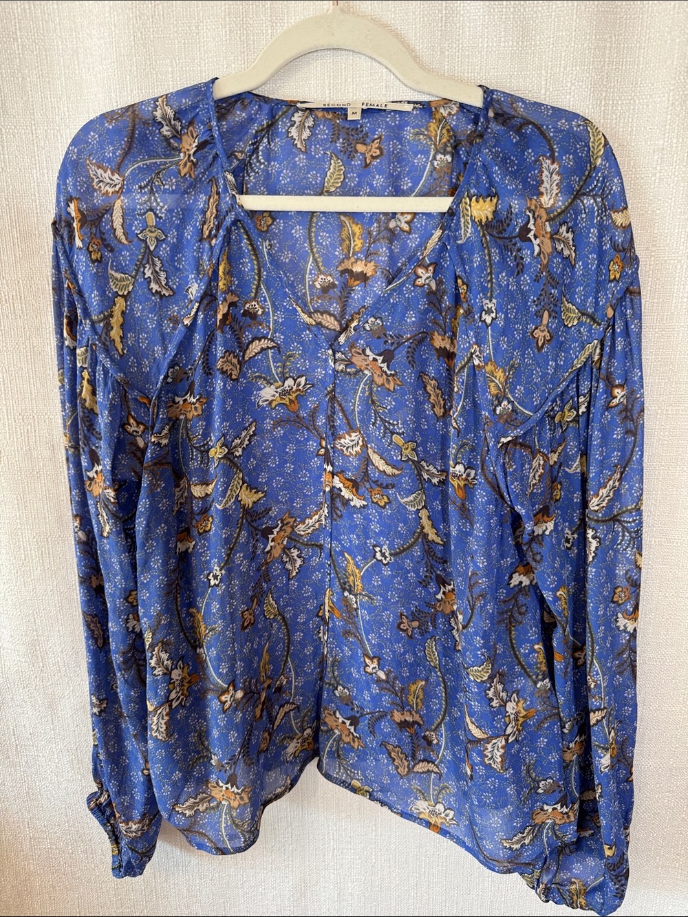 Second‎ Female Lantana Blue Floral Viscose Blouse Puff Sleeve Top Size Medium - Picture 7 of 8